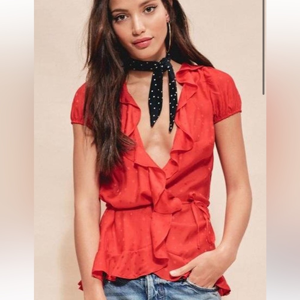 For Love and Lemons Gabriella red silk blend wrap top